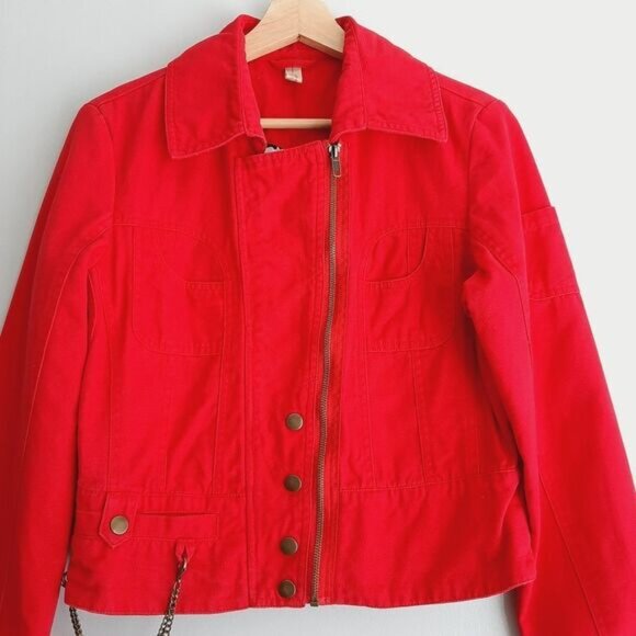VERO MODA Toga Canvas Moto Bomber Textile Jacket Red Sz M - Picture 2 of 16